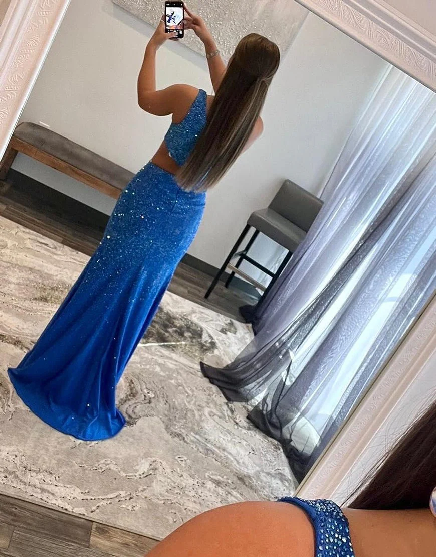  One Shoulder Royal Blue Prom Dress with Split