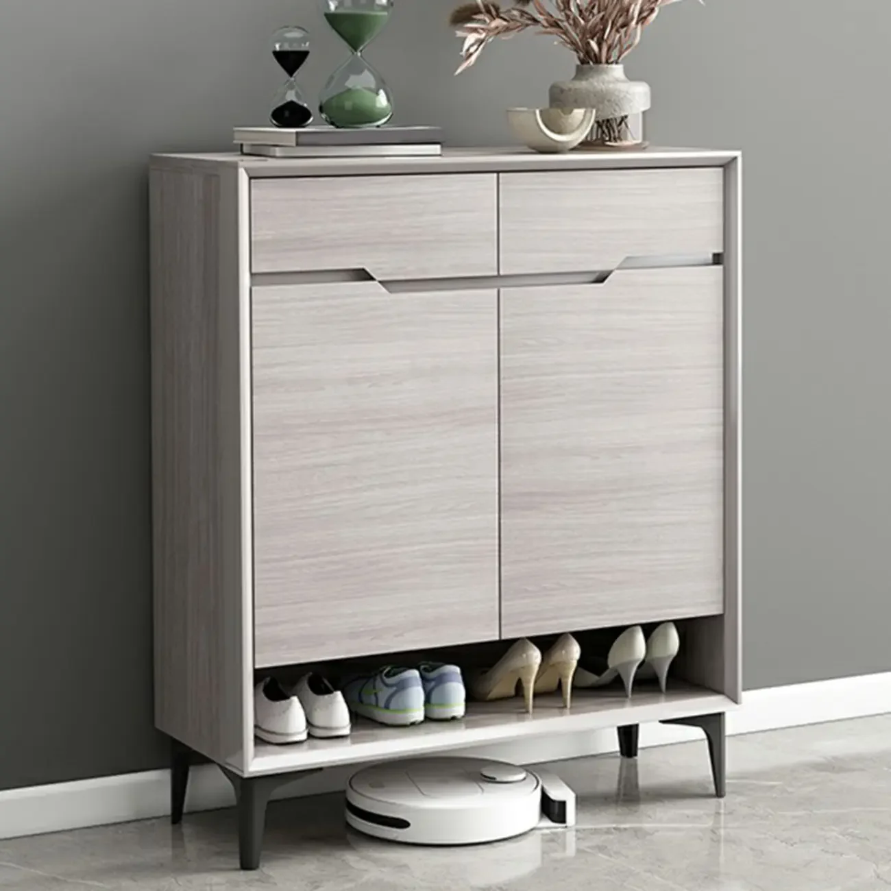 Contemporary Grey Wood Shoe Storage with Bottom Shelf