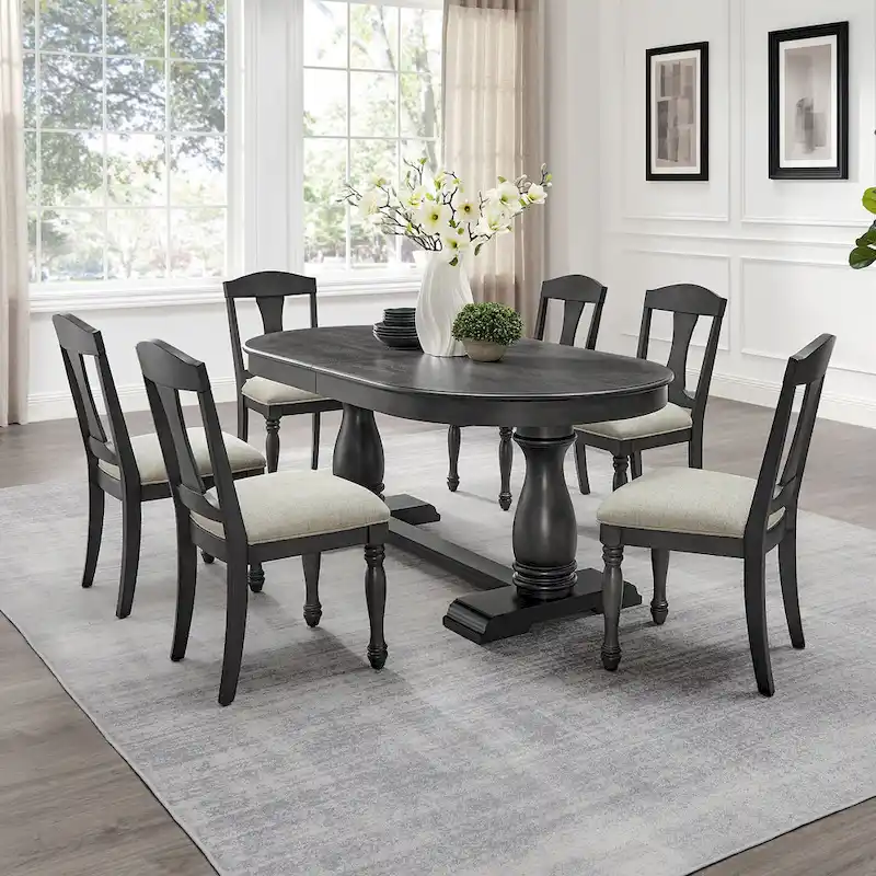 7 Pcs Solid Wood Dining Table Set, , Kitchen Extendable Dining Table Set with Curved Table and 6 Upholstered Chairs