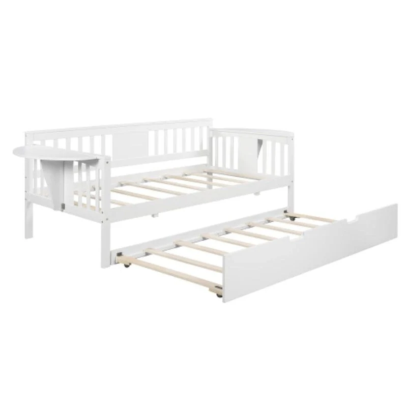 Twin Wooden Daybed with Trundle Bed in White