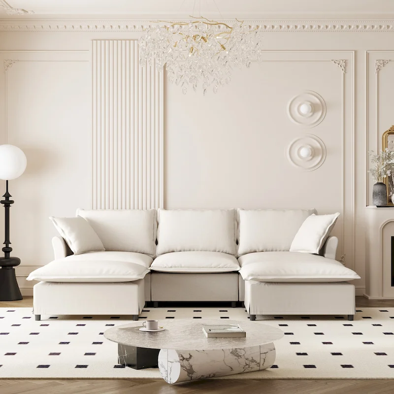 U Shaped Cloud Couch Chenille Sectional Sofa w/Ottoman, Pillows