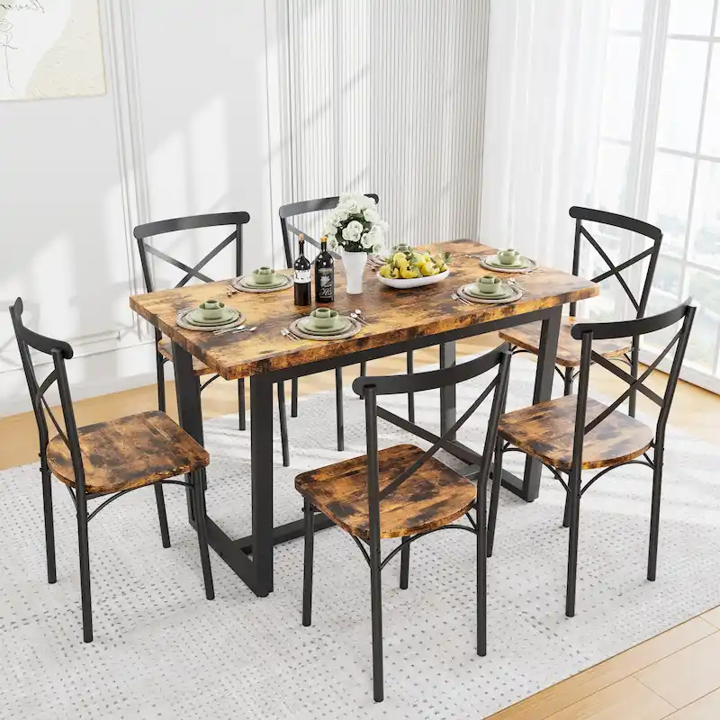 Modern Style 7-Piece Dining Set with Rectangular Table and 6 Cross Back Dining Chairs