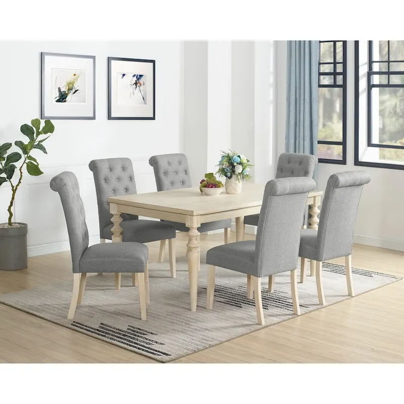 Turned-Leg Dining Table with 6 Tufted Chairs, Seats 6 – Brown / Beige / Beige Brown
