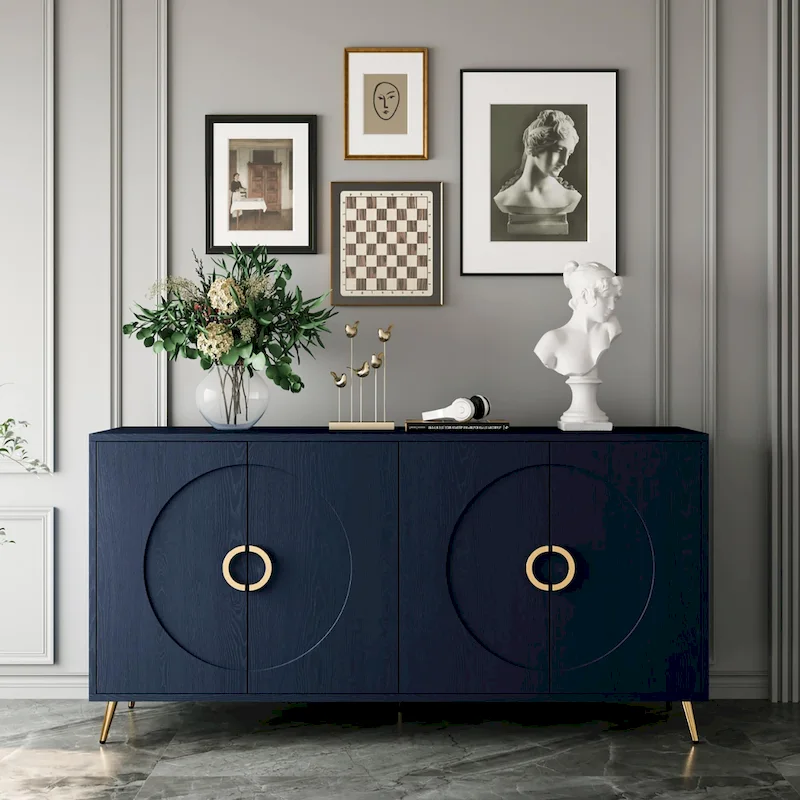 Navy Blue 4-Door Sideboard Cabinet – MDF with Wood Veneer, Seats 1, Metal Legs