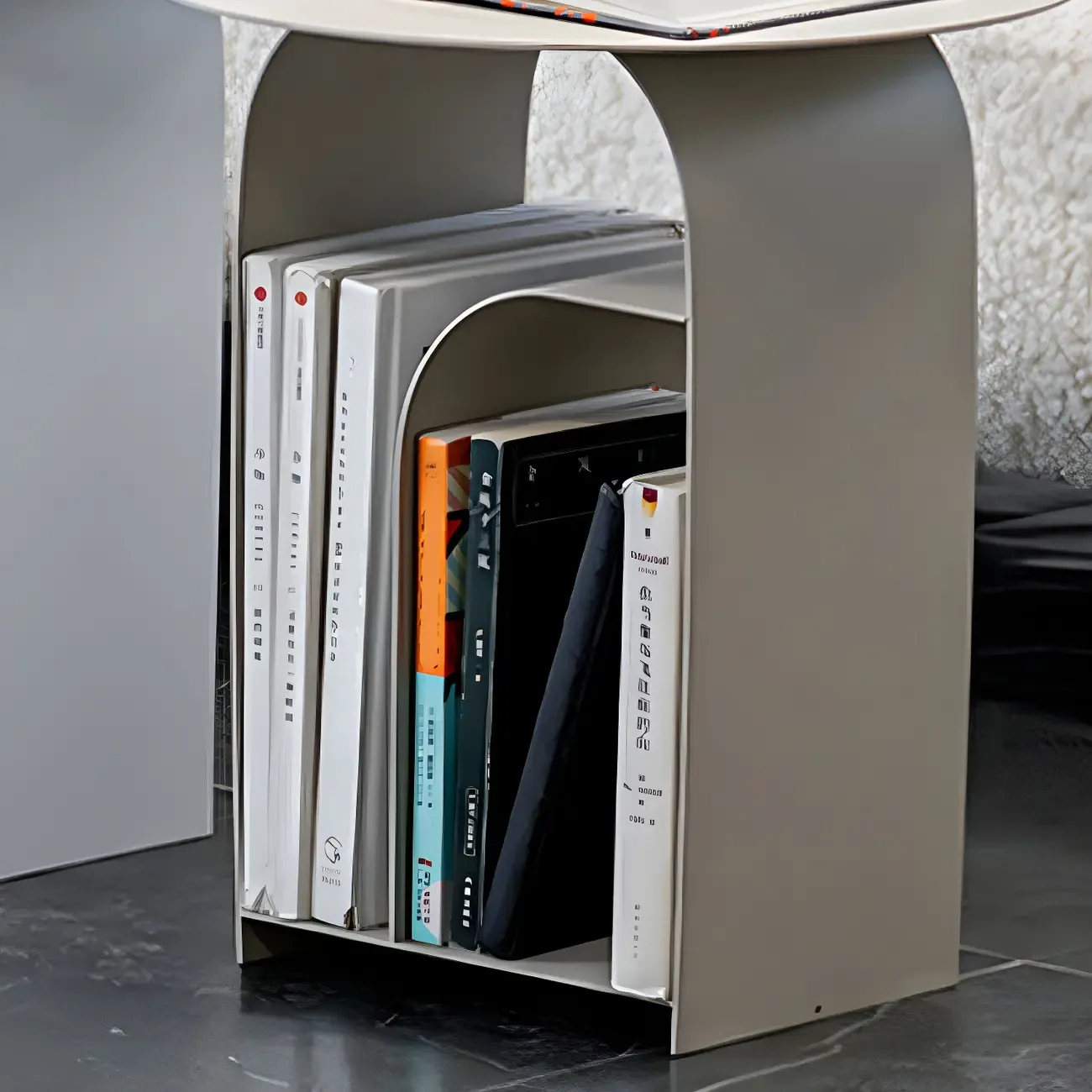 Industrial Narrow White Metal Bedside Table with Round Top