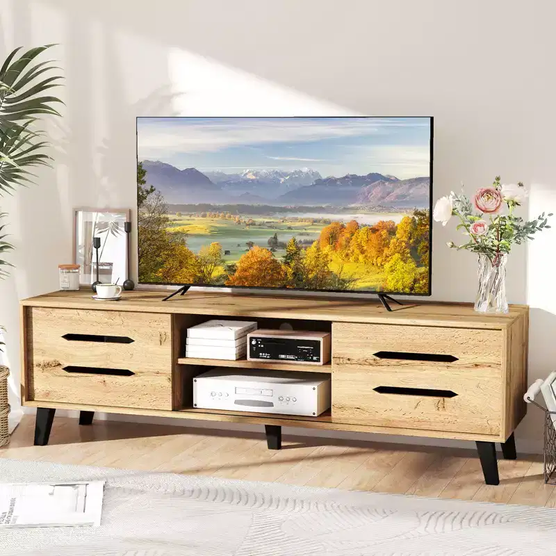 Costway TV Stand w/Sliding Doors Storage Shelves Cable Hole Support Legs for 65 TVs