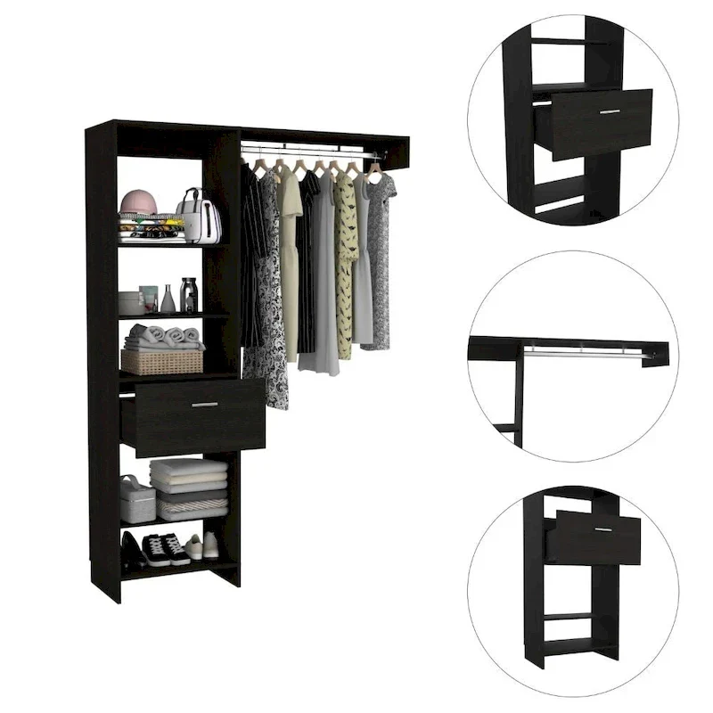 TUHOME Manchester 150 Closet System with Metal Rod, 5 Open Shelves, and 1 Drawer - N/A