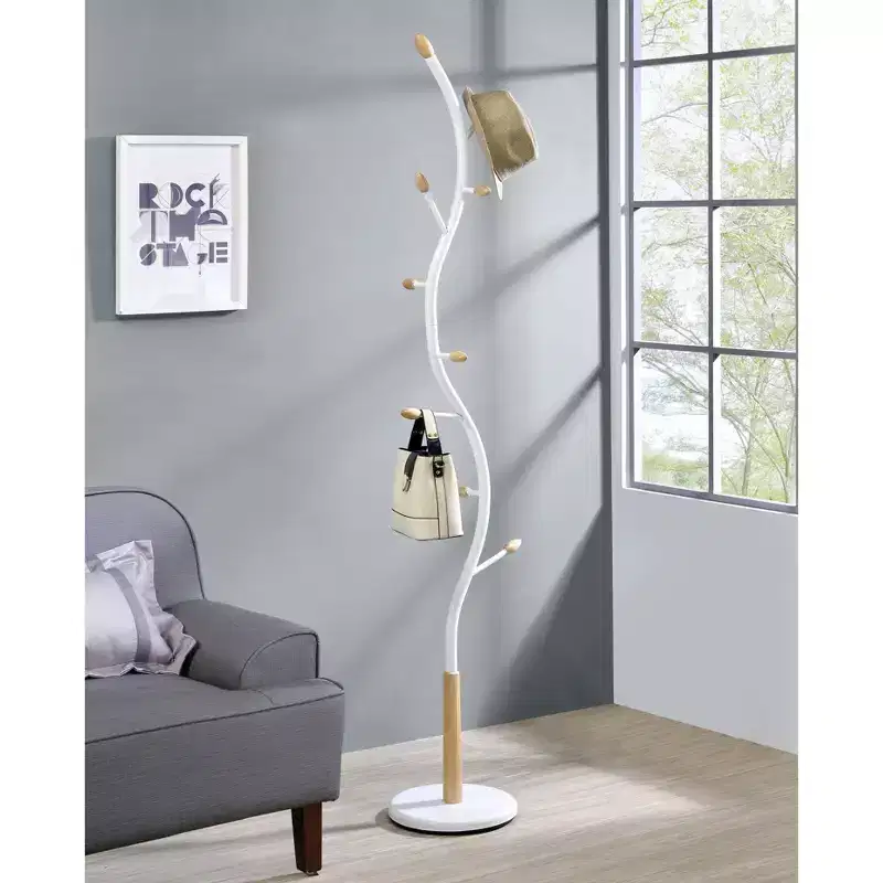 Roundhill Furniture Arles Metal Standing Coat Rack - Whtie and Oak
