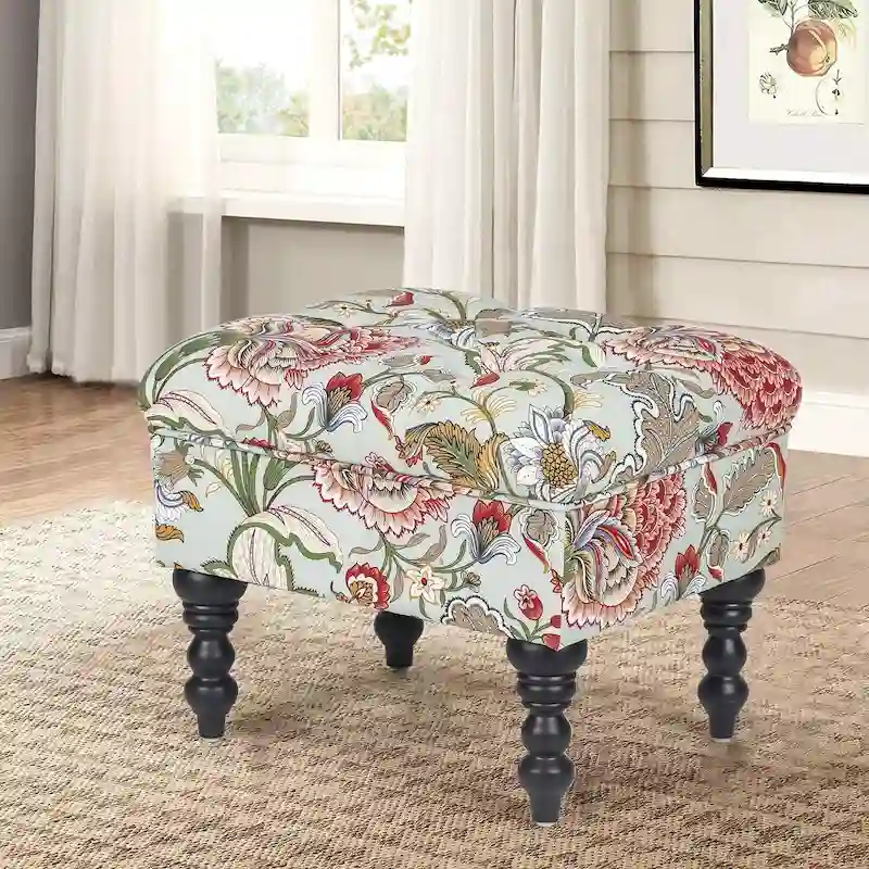 Tufted Floral Ottoman Stool, Embroidery / Beige / Multi / Lime Green, Single
