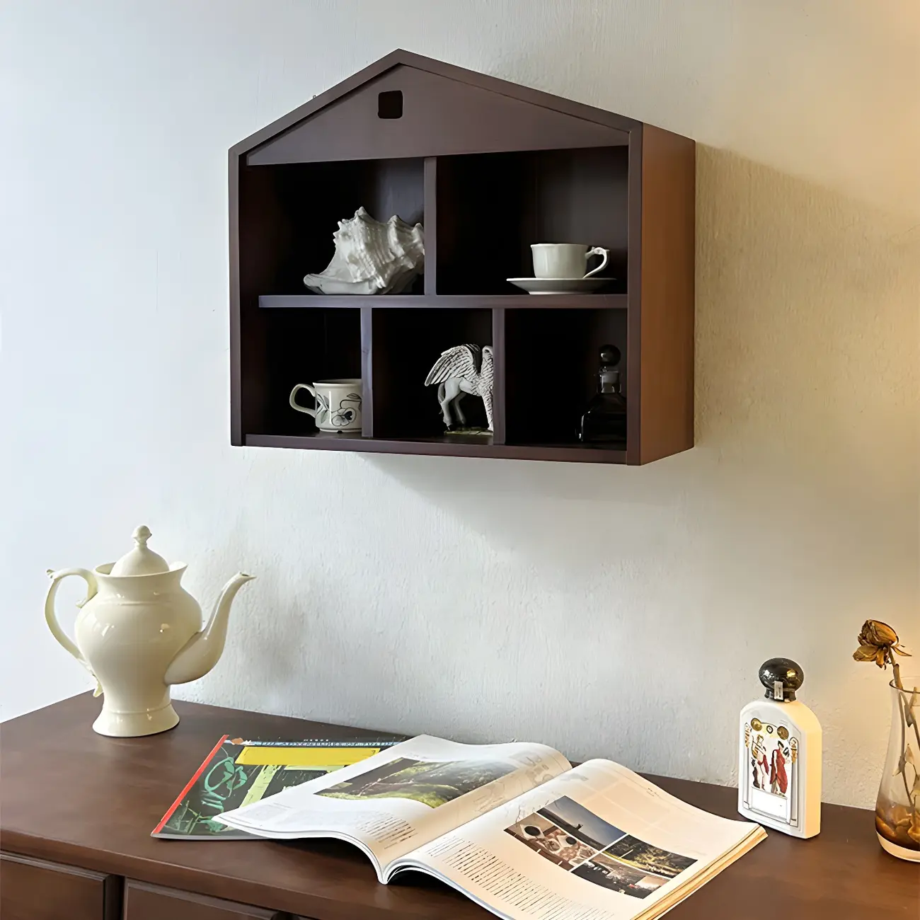 Classicial House-shaped 2 Shelves Floating Wood Display Cabinet