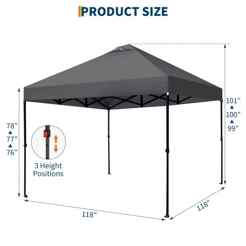 Pop Up Canopy, 10x10 FT Instant Outdoor Canopy with Vent, 3 Adjustable Heights, Portable Sun Shelter for Outdoor Activities