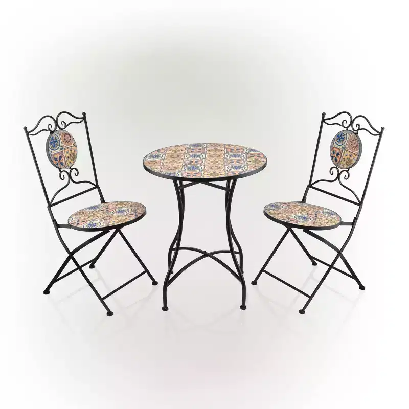 3pc Mediterranean Tile Design Indoor/Outdoor Table and Chairs Patio Set - Alpine Corporation: Weather-Resistant Iron Bistro Set