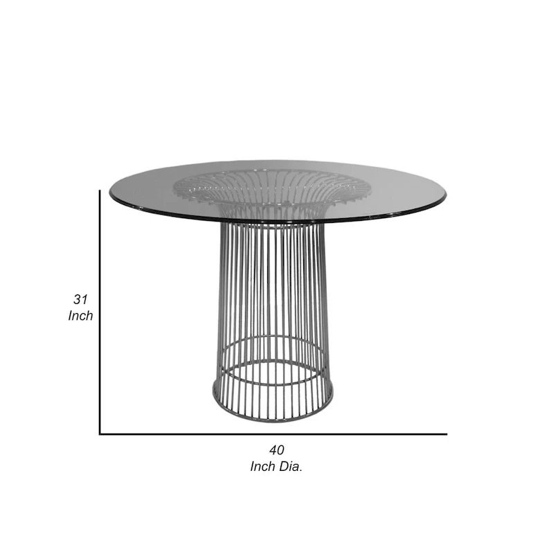Pima 40 Inch Dining Table, Round Tempered Glass Top, Open Padestal Base