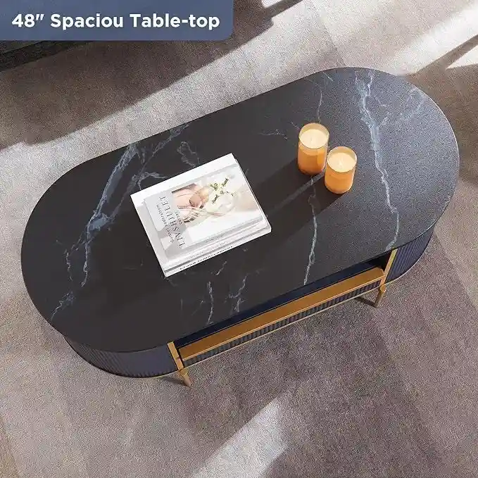 Modern Luxury Fluted Coffee Table, Center Table with Faux Marble Top