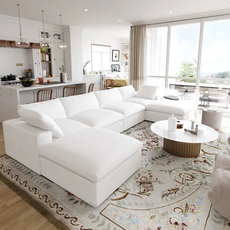 Large U-Shape Linen Reversible Modular Seating Component Sectional with 2 Ottoman