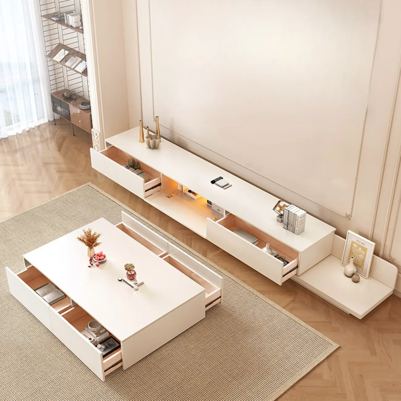 Modern Wooden TV Stand with Shelves and Drawers