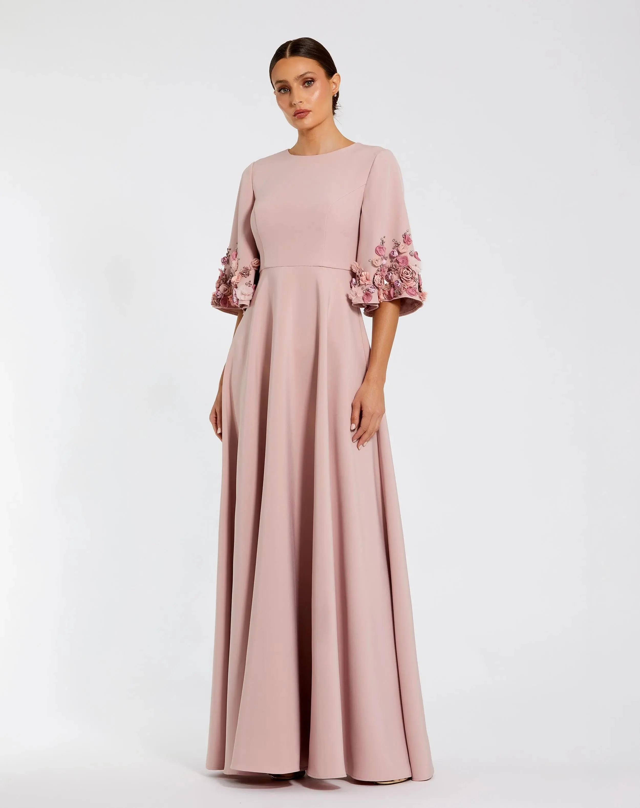 Pink Crepe 3/4 Sleeve A-line Gown With Flower Trim