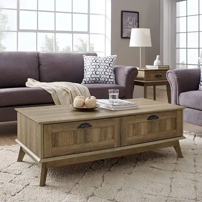 Golden Oak / Smoked Oak Scandinavian Coffee Table with 2 Full-Extension Drawers, 1-Person