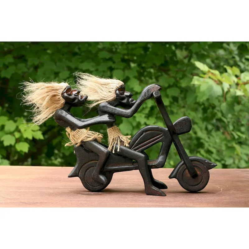 Handmade Wooden Primitive Tribal Funny Riding Harley Davidson Statue Motorcycle Sculpture Tiki Bar Unique Gift Wood Home Decor