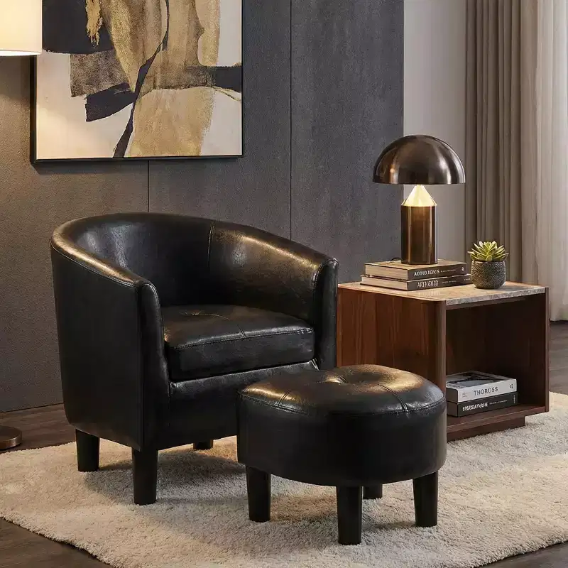 GDFStudio Nolan Contemporary Faux Leather Upholstered Barrel Back Accent Chair with Ottoman Set