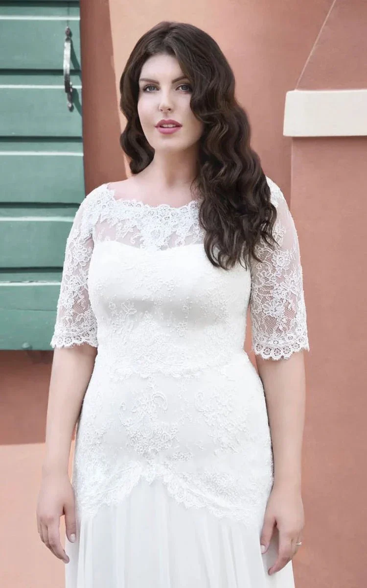 Simple Lace Appliques A-Line Half Sleeve Chiffon Wedding Bridal Gown