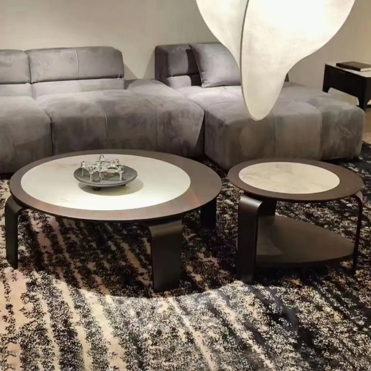 Unique Marble Round 2 Nesting Coffee Table Set with Wood Base