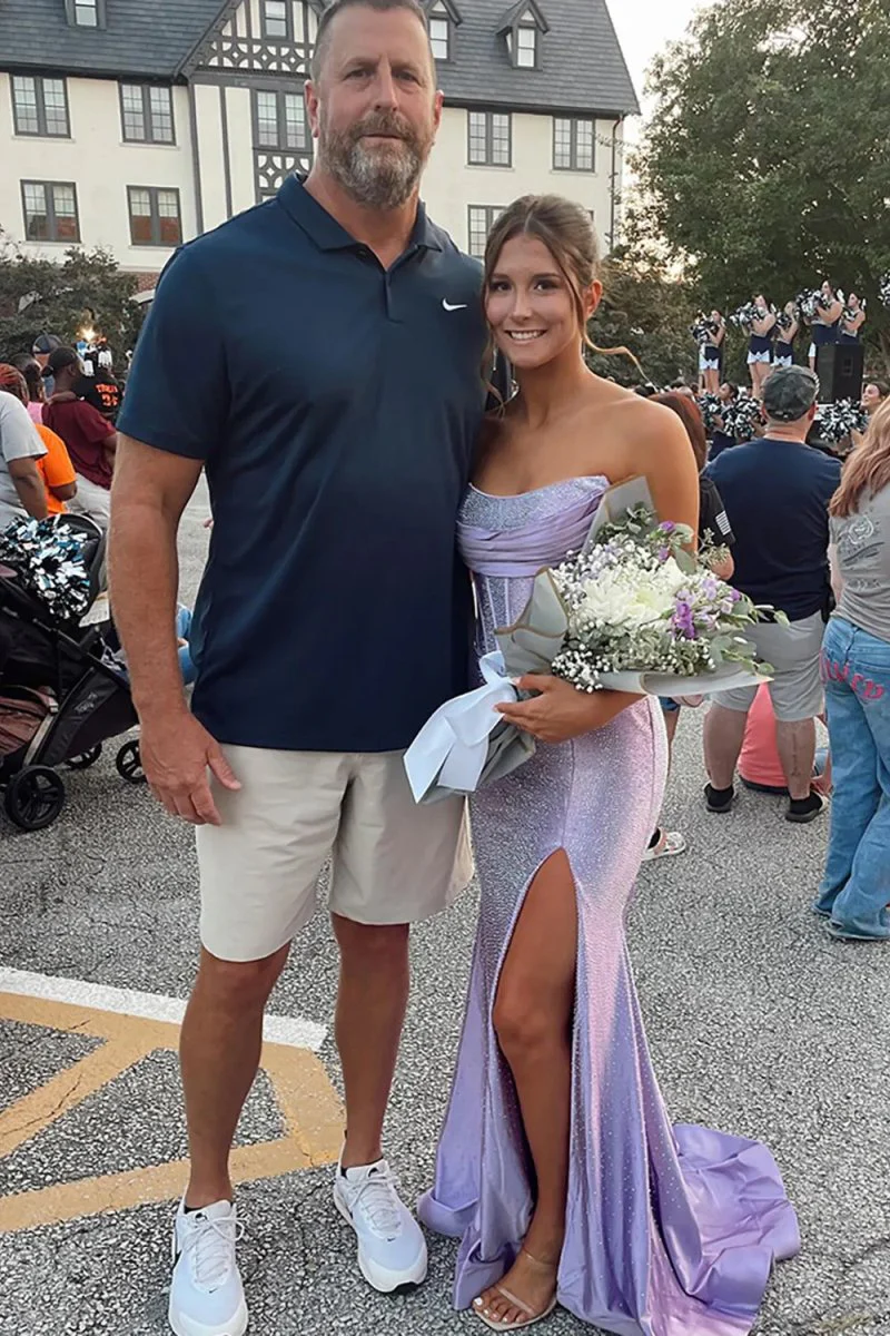 Sky Blue Strapless Satin Beaded Mermaid Long Prom Dresses With Slit