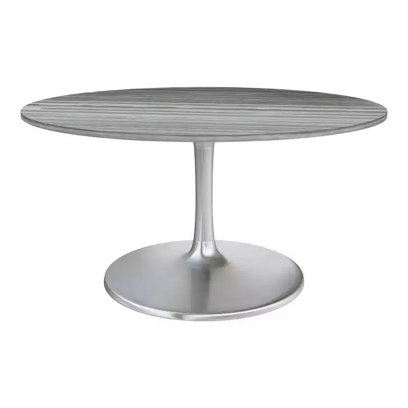 HomeRoots 60 Gray and Silver Marble and Aluminum Pedestal Base Round Top Dining Table