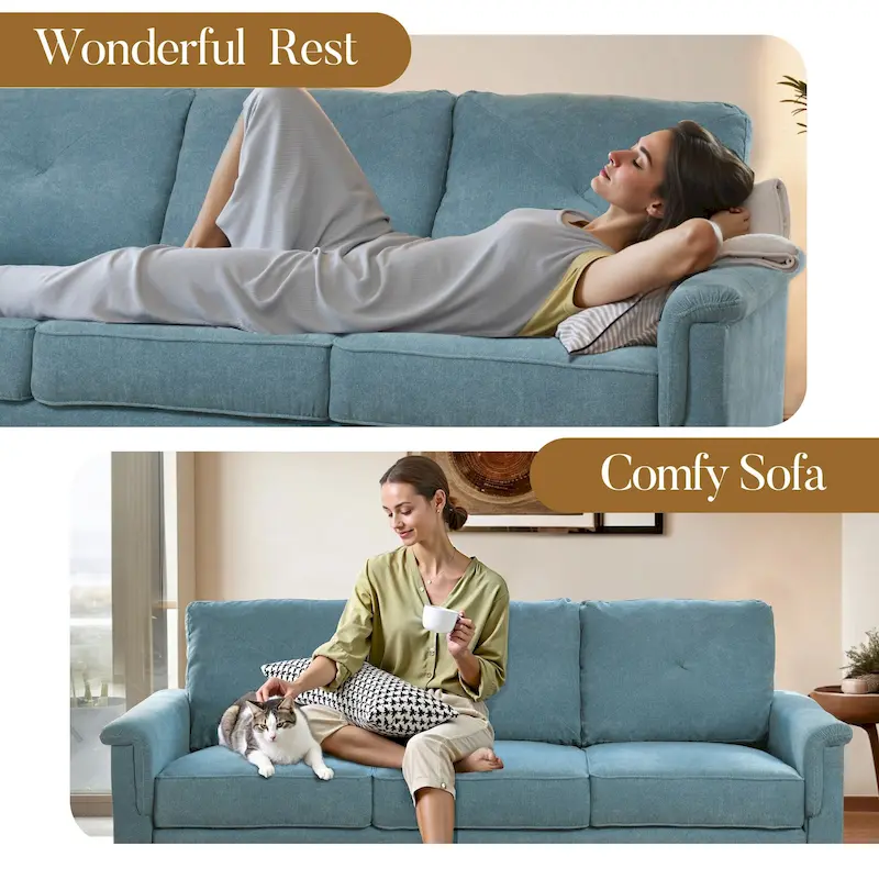 Mid-Century 3-Seat Upholstered Sofa with Wood Legs