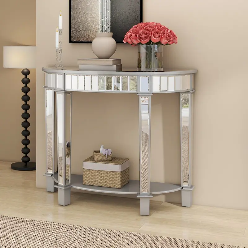 Silver Half-Moon Console Table with Shelf, 1-Person