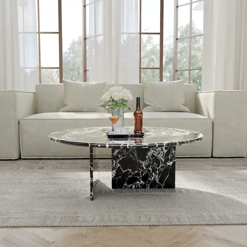 35.43 Modern Round Coffee Table,Glossy Faux Marble Table top