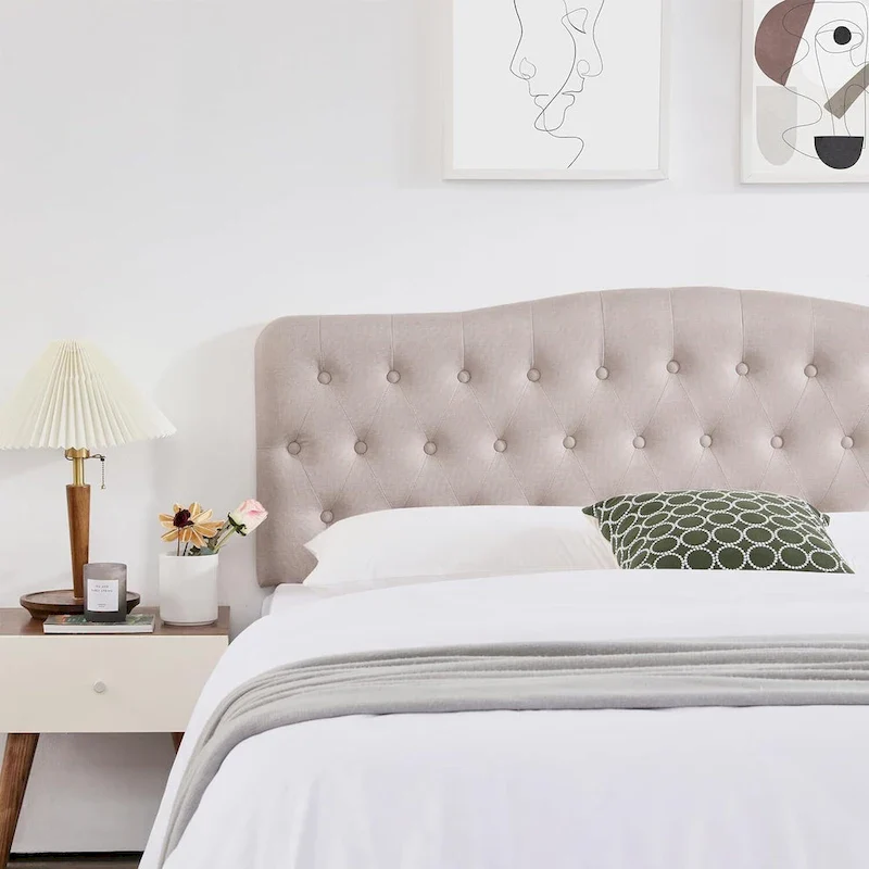 Beige / Grey Linen Button Tufted King Headboard with Adjustable Height, 1-Person