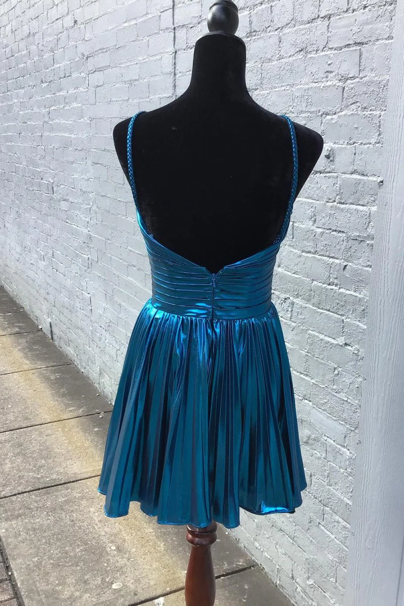 Gloden A-Line Metallic Spaghetti Strap Pleated Homecoming Dress
