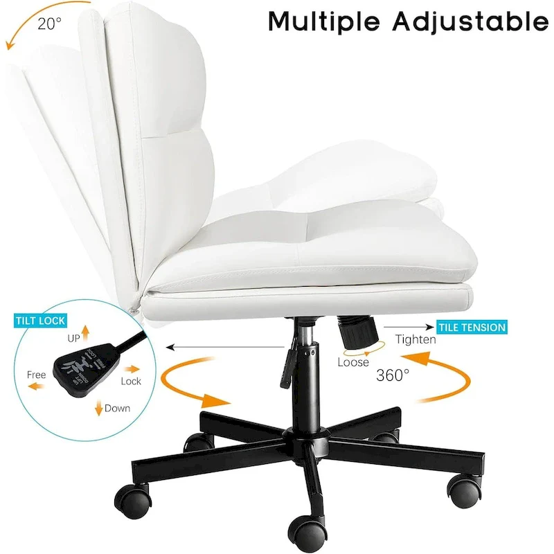 Cross Chair with Wheels,PU Leather Armless Cross Legged Office chair, Adjustable Wide Seat Task Vanity Chair
