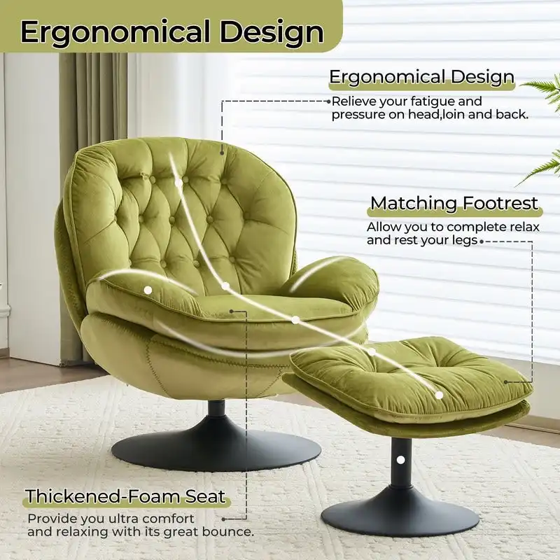 Velvet Swivel Accent Chair with Ottoman Round Reading Accent Chair Foot Stool Ottoman Set,360 Swivel,Metal Frame