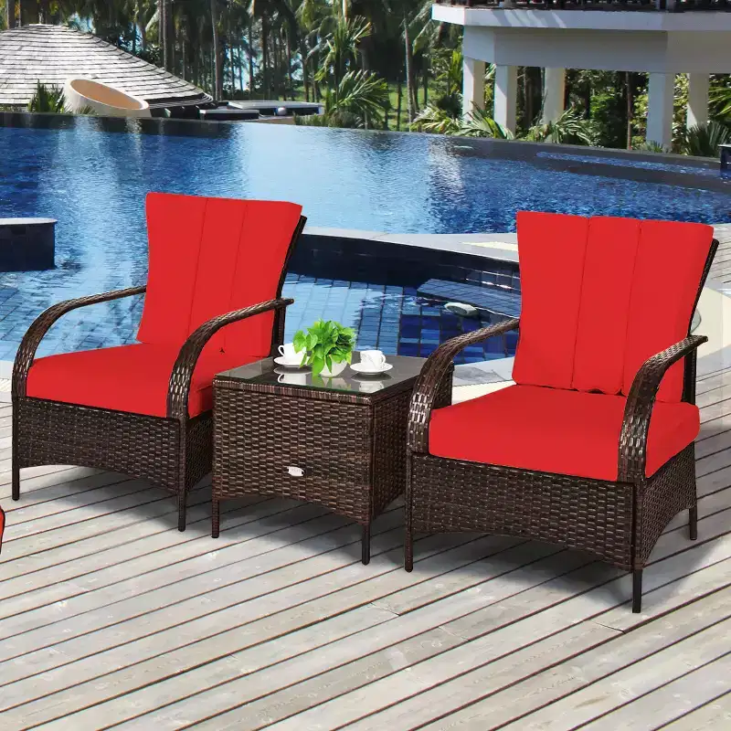 Costway 3 PCS Patio Wicker Rattan Furniture Set Coffee Table & 2 Rattan Chair W/Cushions
