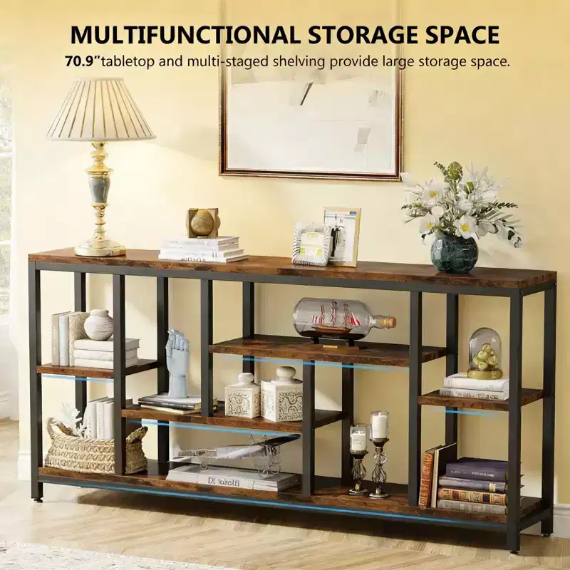 NAYSAYE Rustic Console Table Industrial Sofa Side Table Multi Shelf Wood Metal Storage Rack for Living Room Entryway, Black, 70.92*11.82*35.46