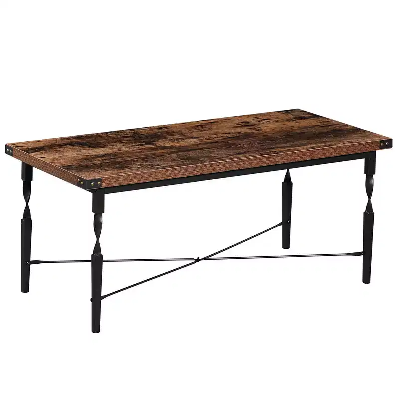 VECELO Rectangle Coffee Table for Living Room, Industrial Wood Look Accent Furniture, X-Shaped Design and Metal Frame, Rustic Brown