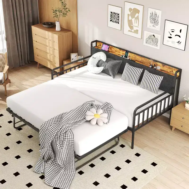 Zevemomo Twin Daybed with Pop Up Trundle,Heavy Duty Metal Twin Bed FrameLED Lights Upholstered Headboard,for Living Room Bedroom Guest Room,Black