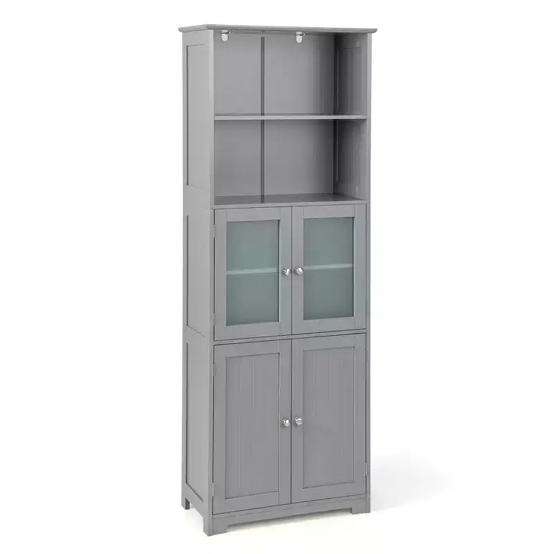 Costway Bathroom Tall Storage Cabinet Linen Tower w/ Glass Door & Adjustable Shelf