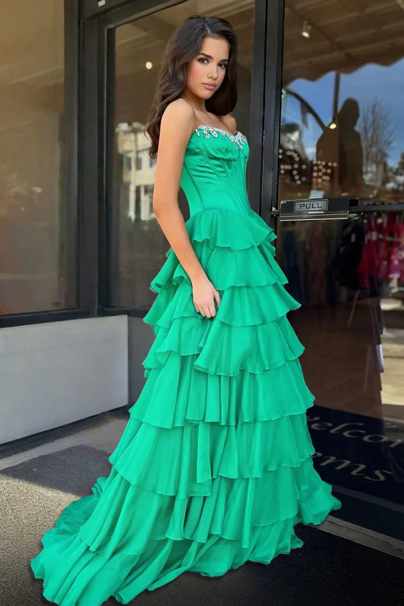 Green Scoop Neck A Line Chiffon Ruffled Prom Dresses With Beading