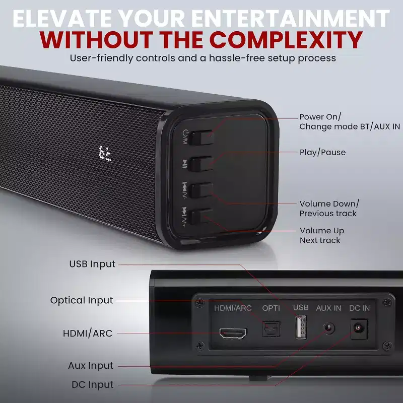 Pyle Wave Base Wireless BT Streaming Tabletop Soundbar - Black - PSBVSN60 - Includes Remote Control & HDMI (ARC)