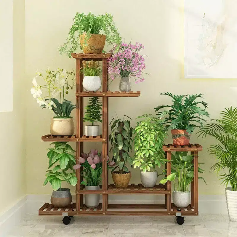 Home Collection Tall Rolling Wooden Plant Stand with Wheels