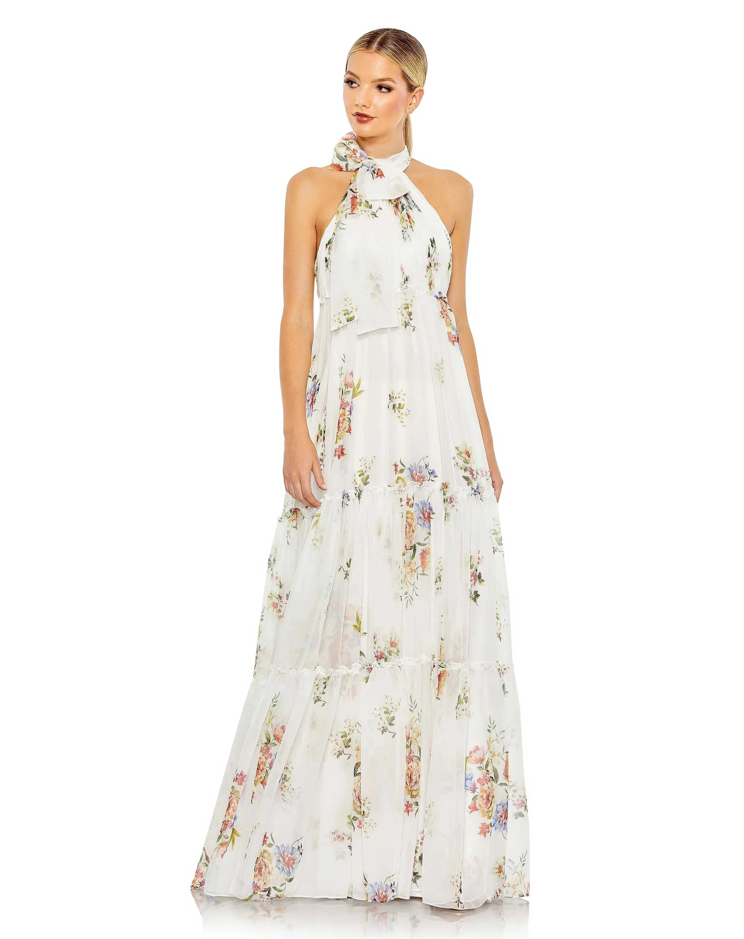 White Floral Print Ruched Tiered High Neck Bow Gown