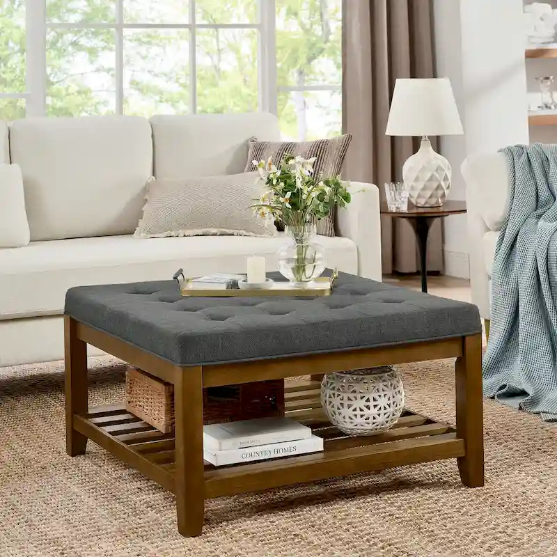 Tufted Linen Square Ottoman with Storage Shelf