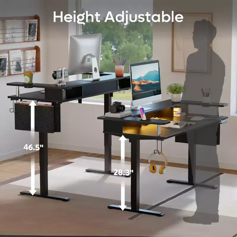 Bestier 58 Standing Desk with Monitor Stand, Height Adjustable LED Computer Desk with Storage &Hook, Stand up Working Desk for Home Office & Writing