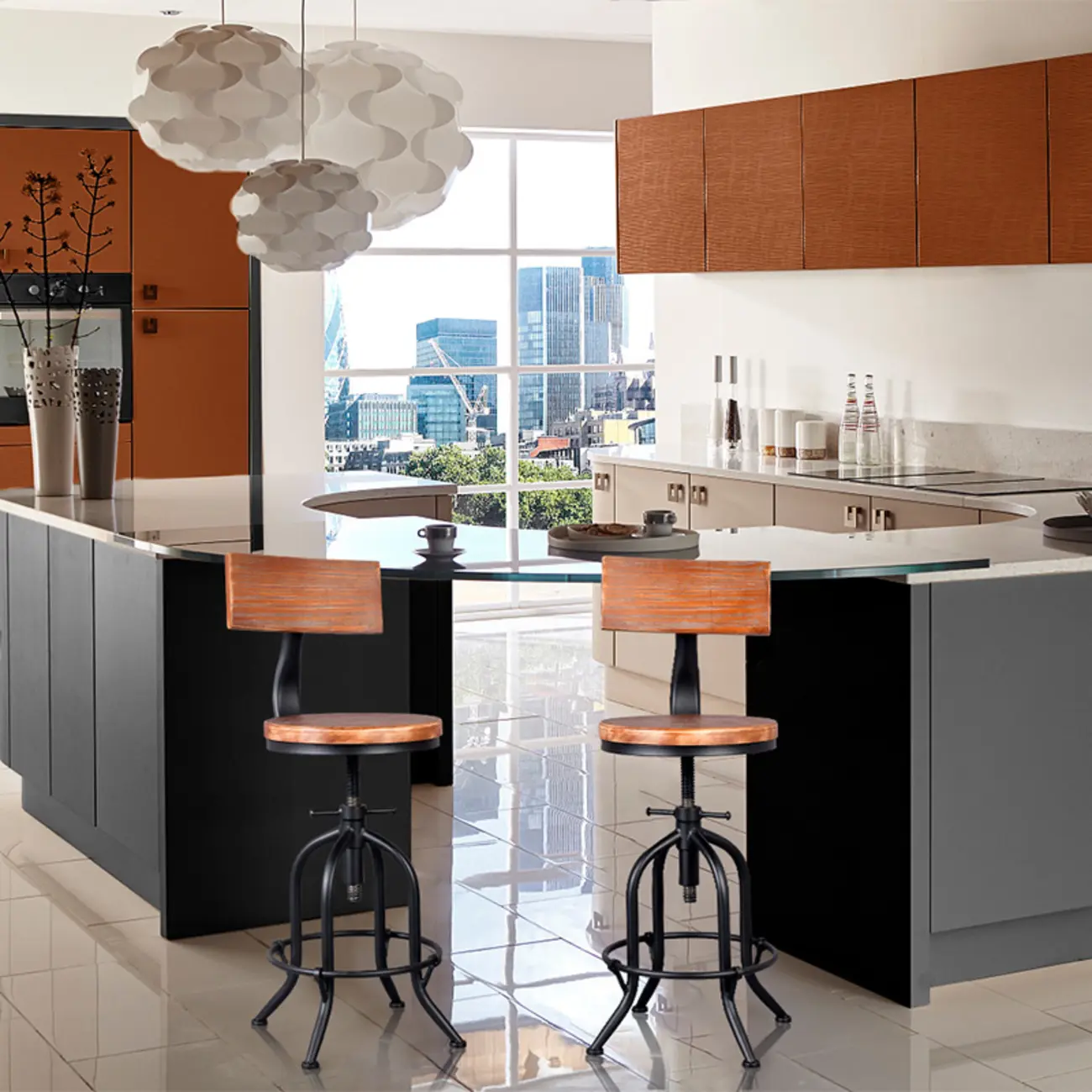 Industrial Round Adjustable Wooden Metal Bar Stools With Backs