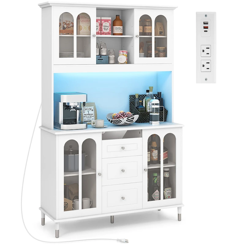 Gymax 73 Tall Kitchen Pantry Storage Cabinet w/ LED Lights and Power