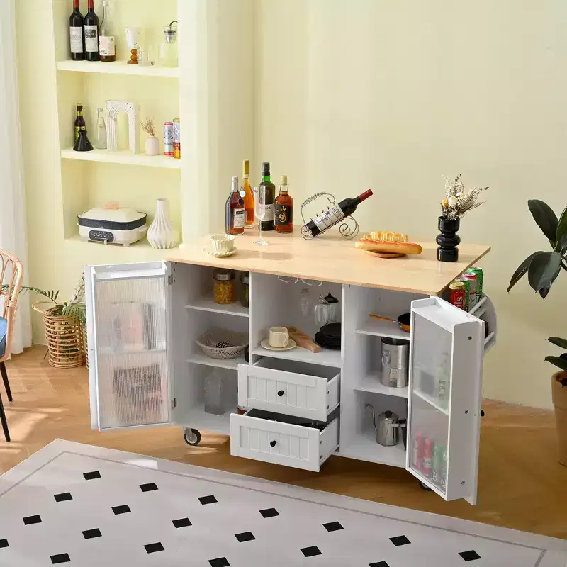 Portable Mobile Kitchen Island with Storage, 50 W Rolling Wood Kitchen Island Cart with Drop Leaf &Lockable Wheels &Drawers & Spice Rack &Towel Rack