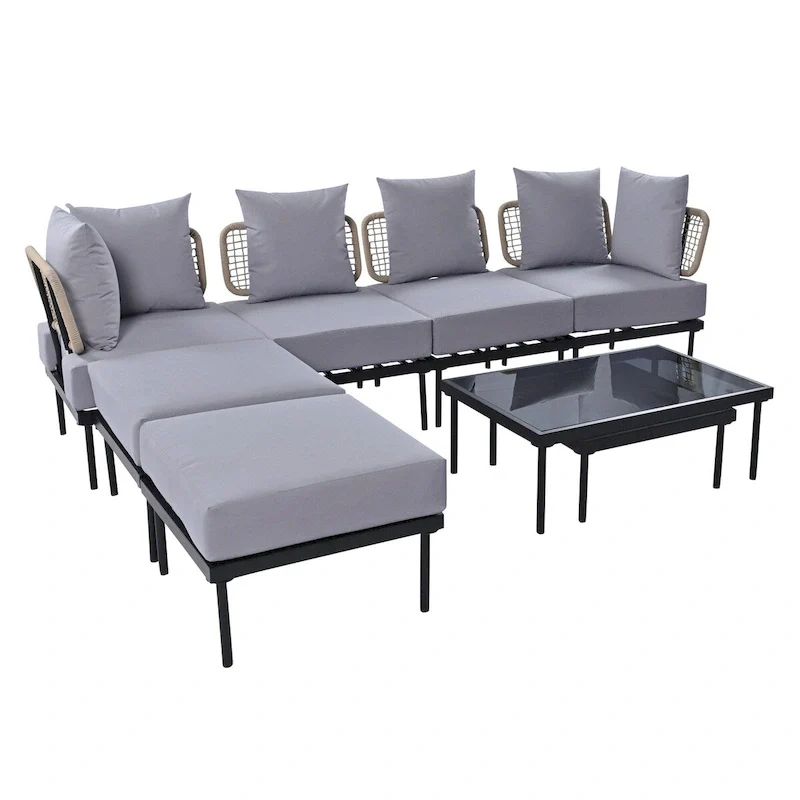 8-Piece Patio Sectional Sofa Set with Tempered Glass Coffee Table
